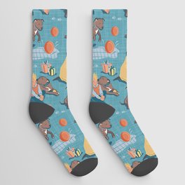 Memories of a Sweet Pit Bull Doggie Friend named Venice // blue linen texture background Socks