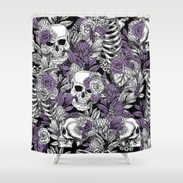 Skulls and Flowers Black Purple Violet Lavender White Vintage Gothic Floral Shower Curtain