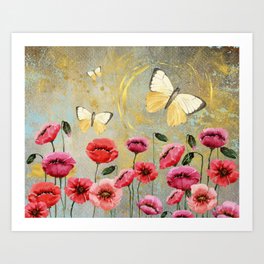 Poppies and Butterflies Art Print | Flower, Butterflyartwork, Digital, Butterflies, Butterfly, Butterflywallart, Floral, Blooms, Poppies, Poppyblooms 