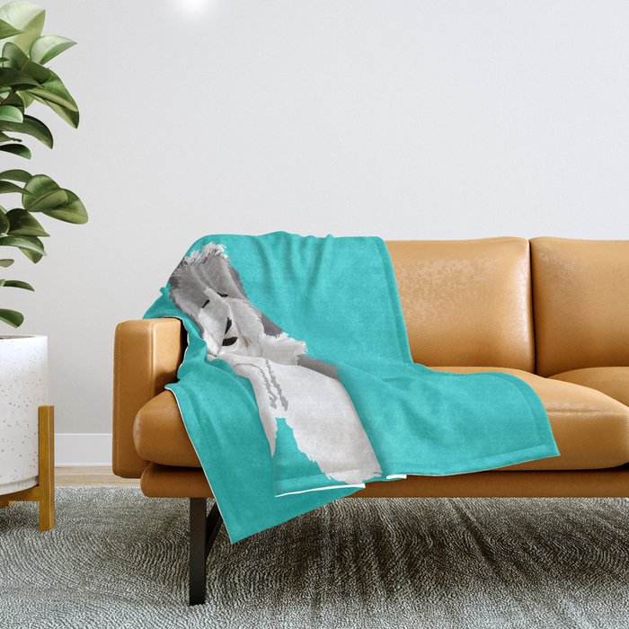 Lucy The Sheepadoodle Throw Blanket | Drawing, Digital, Sheepadoodle, Dog, Fluffy-dog, White-dog, Gray-and-white-dog, Teal-background, Dog-gifts, Puppy