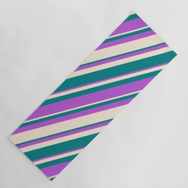 [ Thumbnail: Orchid, Beige & Teal Colored Lines Pattern Yoga Mat ]