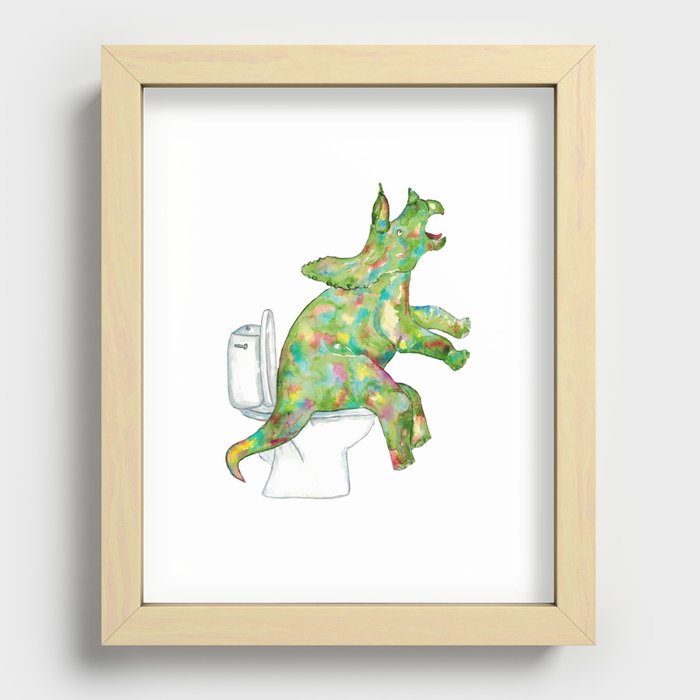  Triceratops in the bathroom dinosaur painting watercolour Recessed Framed Print