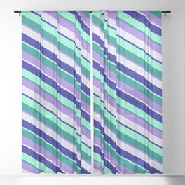 [ Thumbnail: Eye-catching Teal, Purple, Lavender, Dark Blue, and Aquamarine Colored Pattern of Stripes Sheer Curtain ]