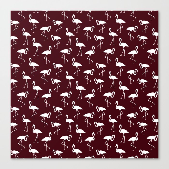 White flamingo silhouettes seamless pattern on maroon background Canvas Print