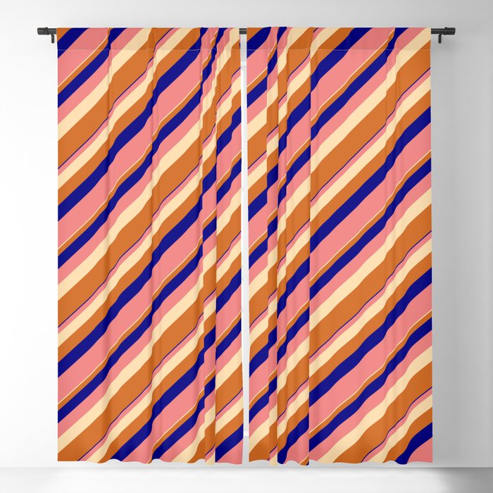 Blue, Light Coral, Tan & Chocolate Colored Lined/Striped Pattern Blackout Curtain