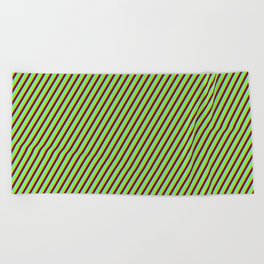 [ Thumbnail: Dark Red, Sky Blue, and Green Colored Lines Pattern Beach Towel ]