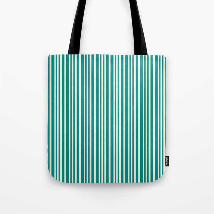 Beige and Dark Cyan Colored Lined Pattern Tote Bag