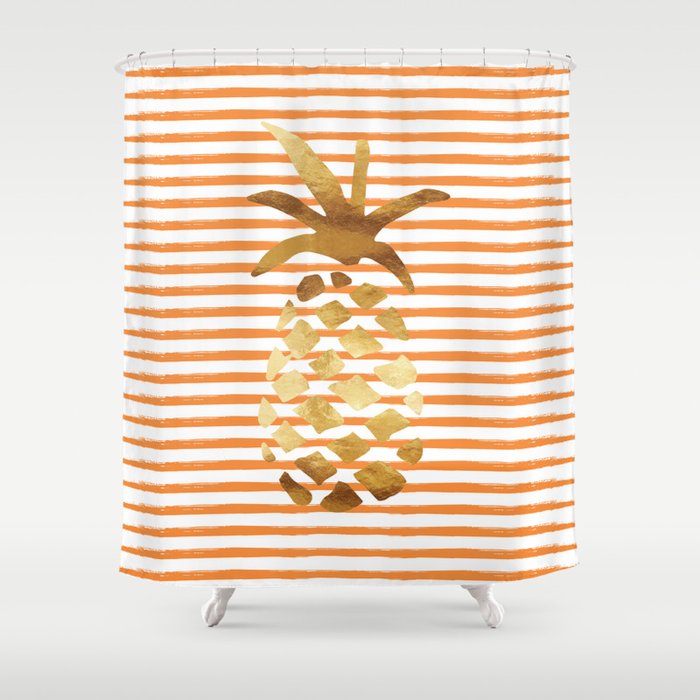 Pineapple Stripes Orange White Gold Shower Curtain By