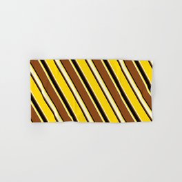 [ Thumbnail: Yellow, Light Yellow, Brown & Black Colored Stripes Pattern Hand & Bath Towel ]
