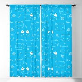 Turquoise and White Doodle Kitten Faces Pattern Blackout Curtain