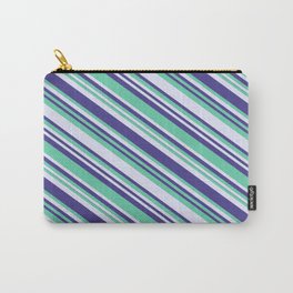 [ Thumbnail: Aquamarine, Lavender & Dark Slate Blue Colored Lined/Striped Pattern Carry-All Pouch ]