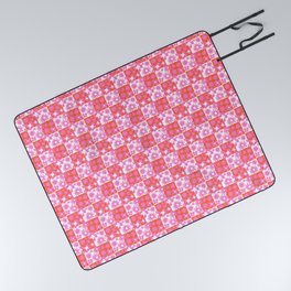 Wild Pink Retro Flowers Checkerboard Picnic Blanket