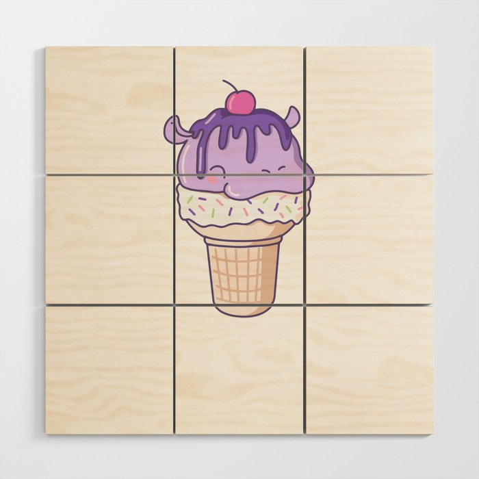 Funny Hippo Ice Cream Cute Kawaii Aesthetic Wood Wall Art