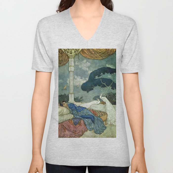Princess Lady Yang at Midnight with white Peacocks portrait painting by Edmund Dulac V Neck T Shirt