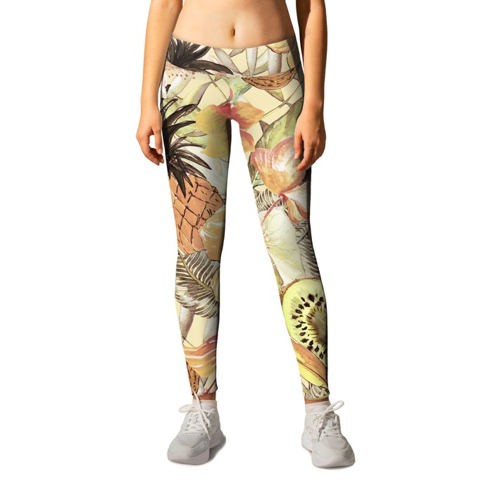 My Sepia Tropical Summer Hibiscus And Fruits Garden - Jungle Pattern Leggings