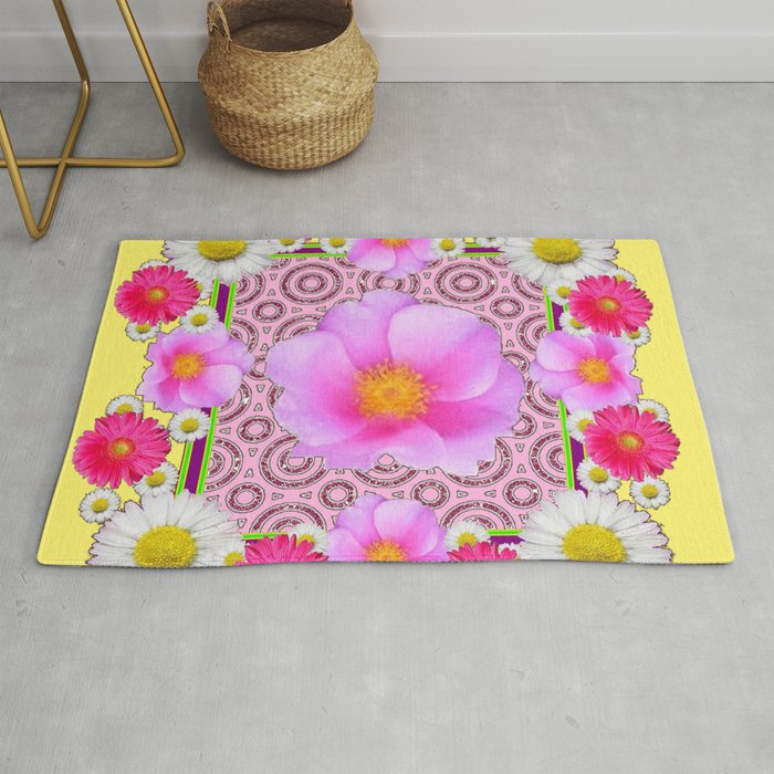 Floral Abundance Yellow Color Fuchsia Shasta Daisy Pink Roses Abstract Ar Rug By Sharlesart