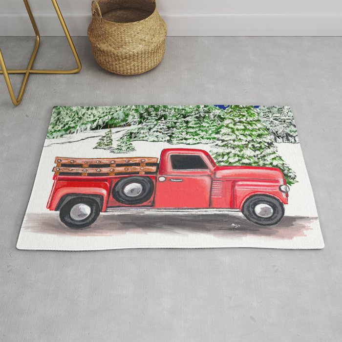 Old Red Farm Truck Winter Rug