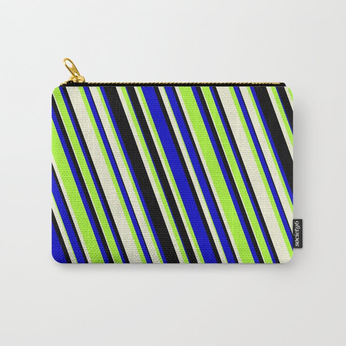 Blue, Light Green, Beige & Black Colored Lines/Stripes Pattern Carry-All Pouch