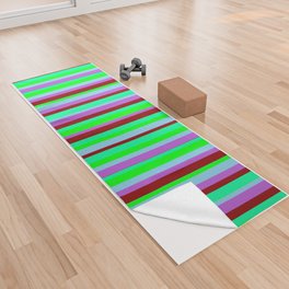 [ Thumbnail: Eye-catching Orchid, Sky Blue, Lime, Green & Dark Red Colored Lined Pattern Yoga Towel ]