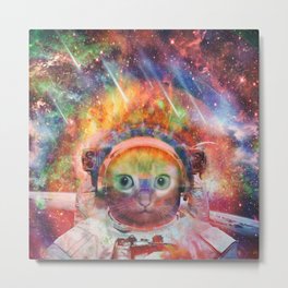 Psychedelic Trippy Cat Astronaut Metal Print