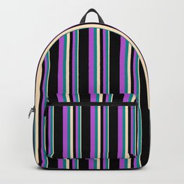 [ Thumbnail: Bisque, Dark Cyan, Orchid & Black Colored Lined Pattern Backpack ]