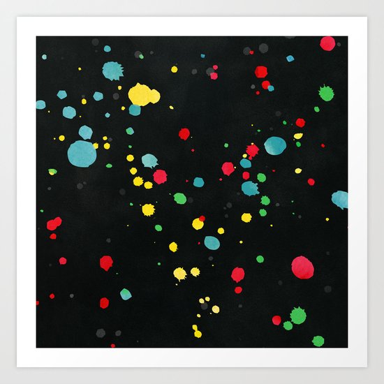 Watercolor splatters on black Art Print
