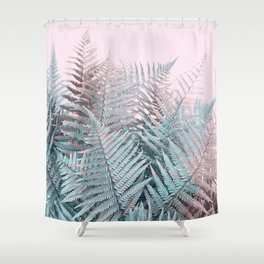 Retro Green Fern Jungle on Pink Shower Curtain