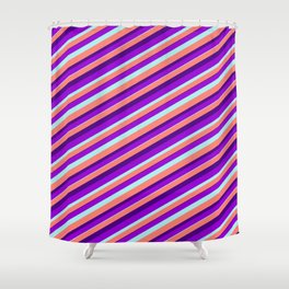 [ Thumbnail: Dark Violet, Turquoise, Salmon, and Indigo Colored Lined Pattern Shower Curtain ]