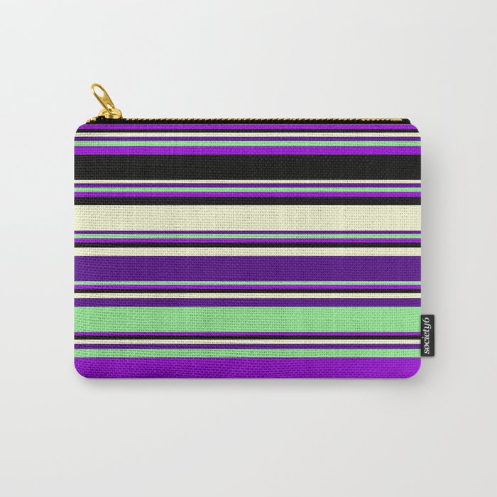 Eyecatching Light Yellow, Indigo, Light Green, Dark Violet & Black Colored Stripes/Lines Pattern Carry-All Pouch
