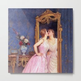 Kiss off!  French belle kissing mirror (vanity) in Parisienne Salon epoque female portrait oil painting by Auguste Toulmouche for home, bedroom and wall decor Metal Print | Portrait, Belle, Parisian, Mirror, 19Thcentury, Painting, Prettyinpink, Gildedage, Ballgown, French 