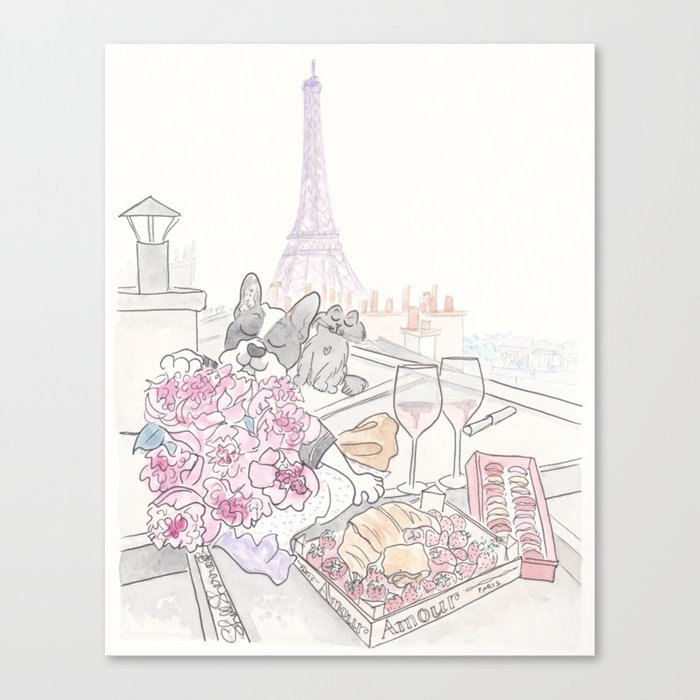 Paris Rooftop Picnic with French Bulldog and Black Cat Canvas Print