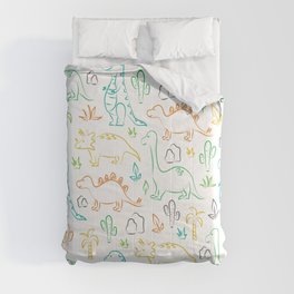 Colorful dinosaur pattern on white Comforter | Cute, Adorable, Triceratops, Decor, Boys, Baby, Animal, Stegosaurus, Children, Dinosaur 