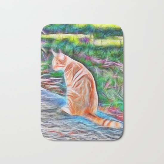 Orange cat sitting on a path in rural Queensland, Australia Bath Mat