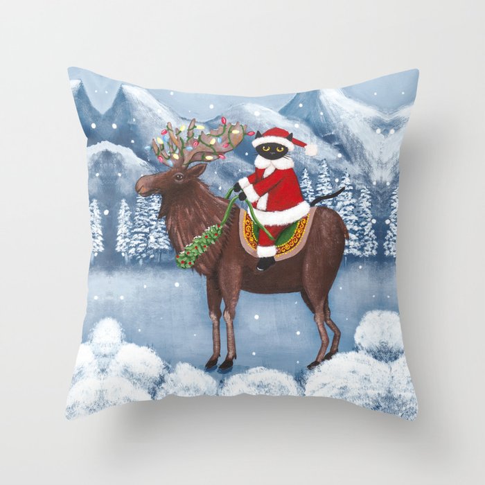 Christmas Cat and Moose Throw Pillow