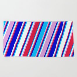 [ Thumbnail: Colorful Plum, Crimson, Blue, Deep Sky Blue, and Mint Cream Colored Lined/Striped Pattern Beach Towel ]