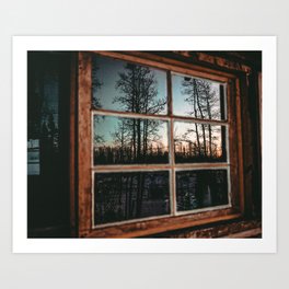 Lumberjack Cabin Window // Grainy Reflection of the Sunset and Trees Art Print