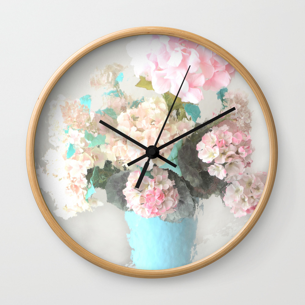 Shabby Chic Hydrangea Flowers Pink White Aqua Blue Wall Clock By Kathyfornal Society6