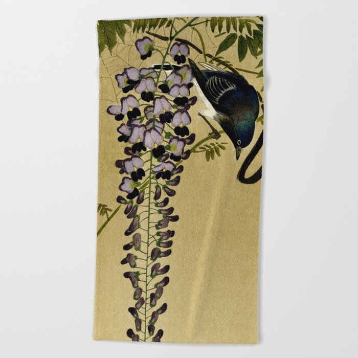 Bird and Wisteria flower - Vintage Japanese Woodblock Print Art Beach Towel