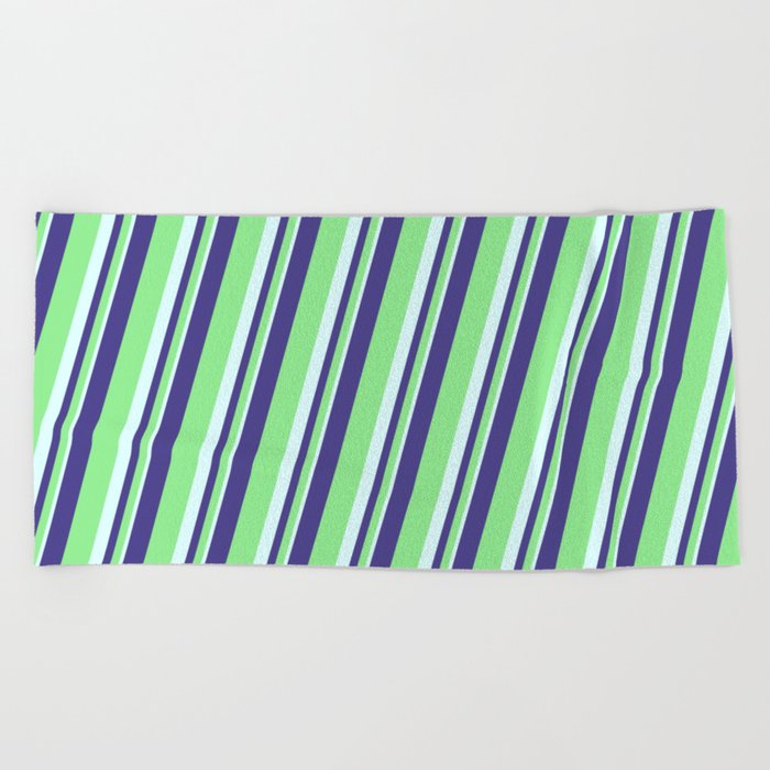 Dark Slate Blue, Light Green & Light Cyan Colored Lined Pattern Beach Towel