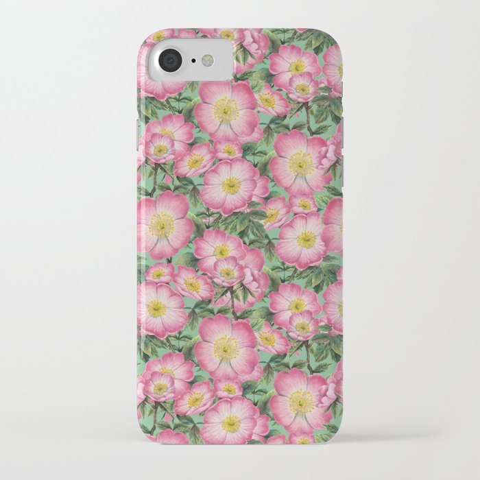 Wild roses pink - green background iPhone Case