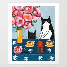 Cats and French Press Coffee Art Print