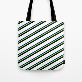 [ Thumbnail: Eyecatching Tan, Blue, Chartreuse, Black & White Colored Lines/Stripes Pattern Tote Bag ]