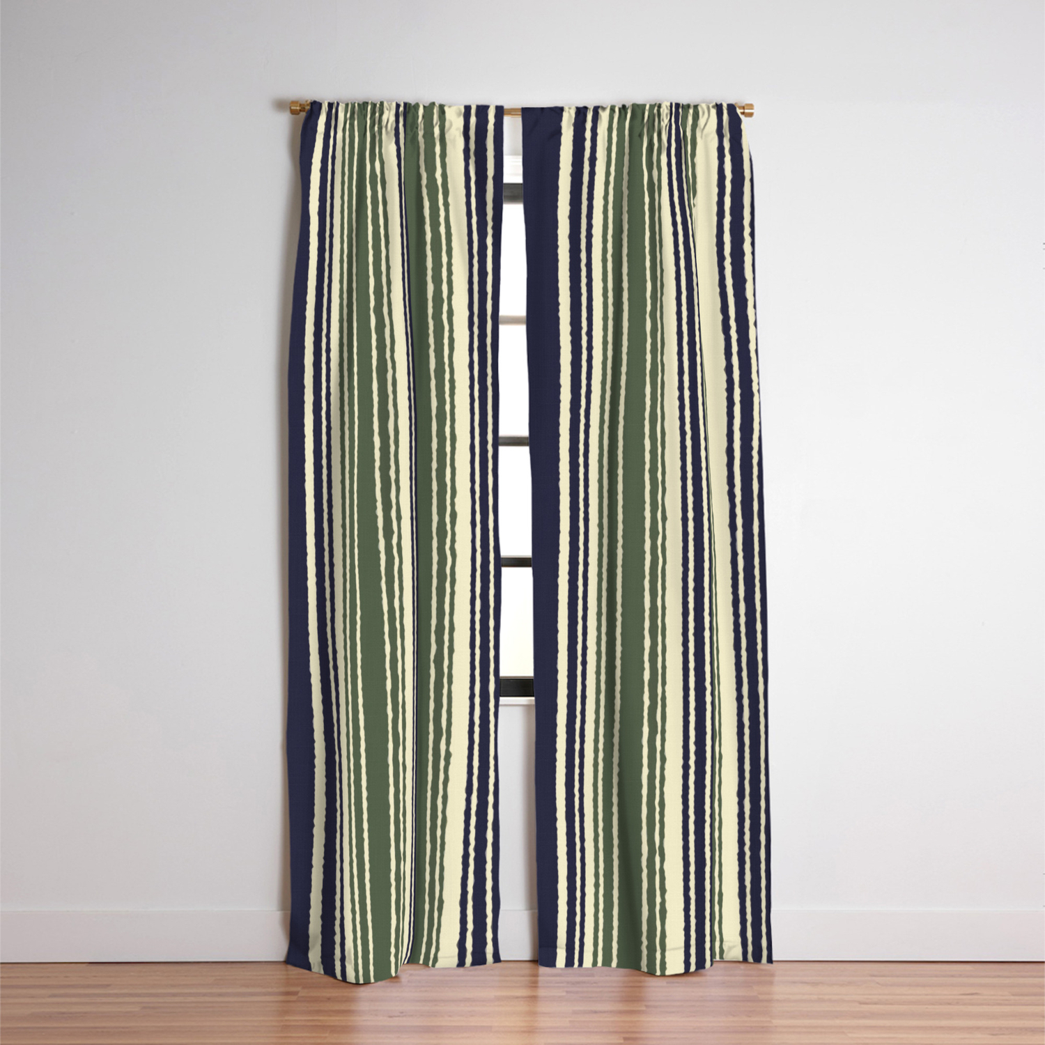 Navy Blue And Sage Green Stripes Blackout Curtain By Hellcom