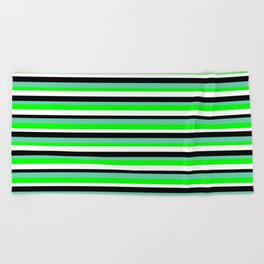 [ Thumbnail: Aquamarine, Lime, White, and Black Colored Lined/Striped Pattern Beach Towel ]