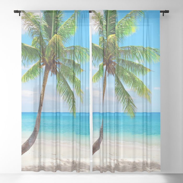 palm tree by the beach Sheer Curtain