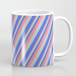 [ Thumbnail: Light Coral, Grey, and Royal Blue Colored Striped/Lined Pattern Coffee Mug ]