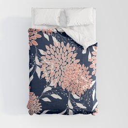 Floral Blooms and Leaves, Navy, Coral and White Comforter