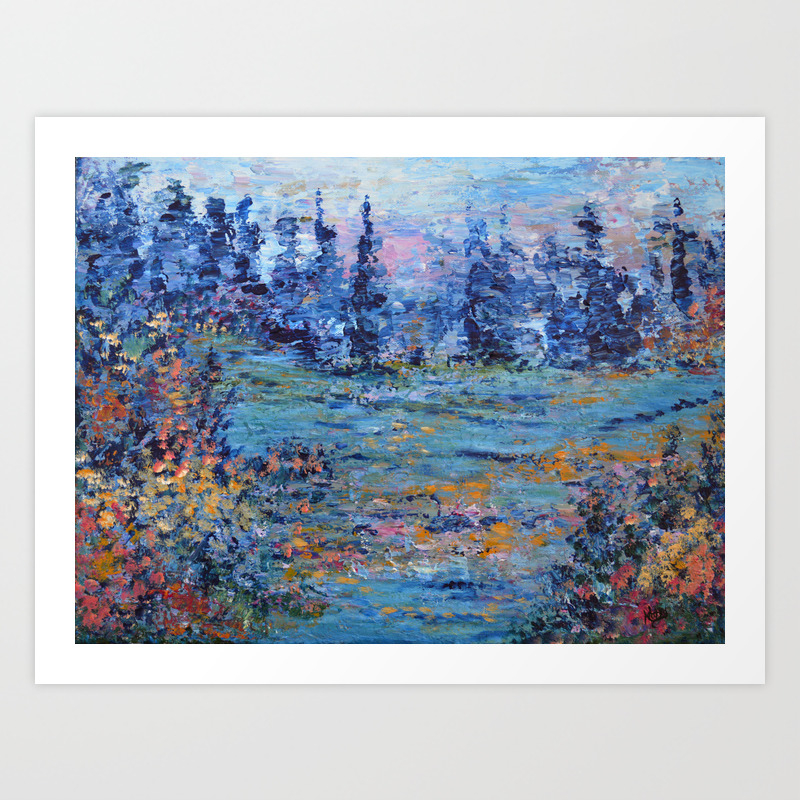 Abstract Landscape Palette Knife Painting Rainbow Lake Navy Blue