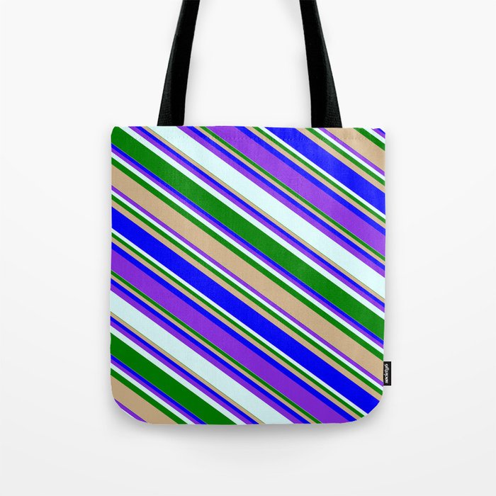 Colorful Green, Tan, Blue, Purple, and Light Cyan Colored Striped/Lined Pattern Tote Bag