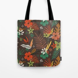 bright tropical floral pattern on brown Tote Bag